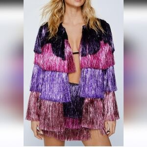 NWT RARE Nasty Gal 2 Metallic Tiered Tinsel Fringe Metallic Jacket Pink purple